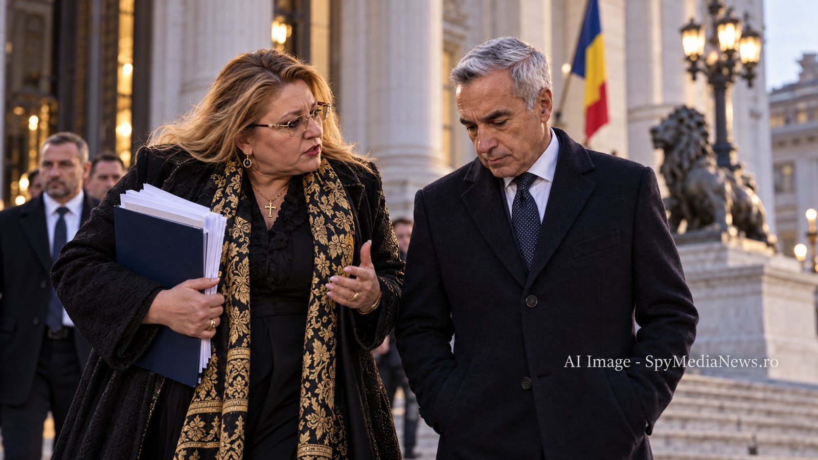 Imagine AI cu Diana Șoșoacă și Călin Georgescu în fața unei clădiri oficiale