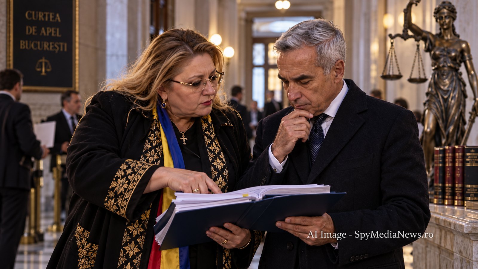 Imagine AI cu consultare juridică și dosare într-o clădire oficială