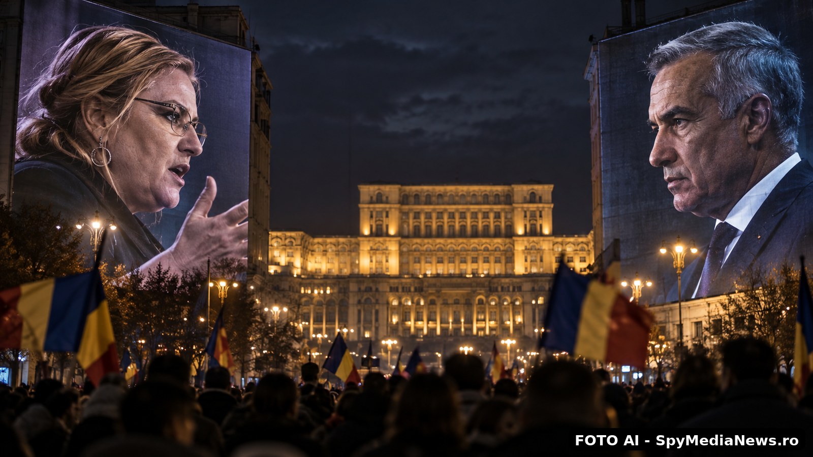 Imagine editorială cu două portrete uriașe ale unor lideri politici privindu-se în fața unei clădiri oficiale, pe fondul unei mulțimi cu steaguri românești