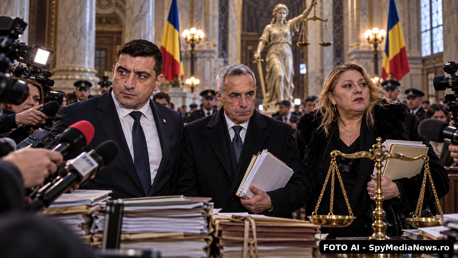 George Simion, Călin Georgescu și Diana Șoșoacă într-o sală solemnă de justiție, înconjurați de presă, dosare și simboluri juridice