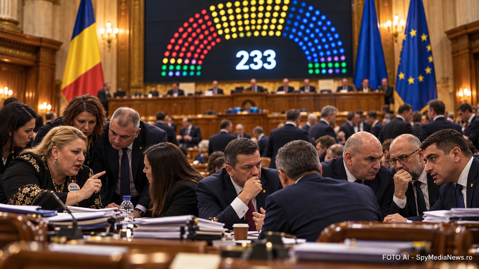Grupuri de parlamentari discutând în sala Parlamentului despre o posibilă majoritate de guvernare