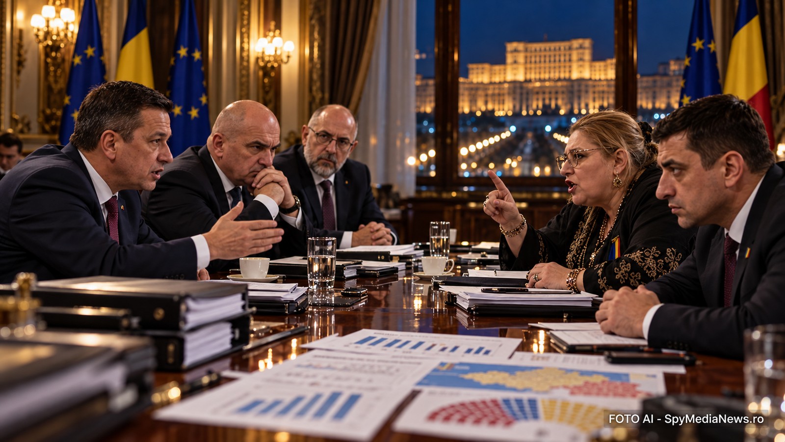 Negocieri politice într-un cadru parlamentar, cu steaguri românești și europene și Palatul Parlamentului în fundal