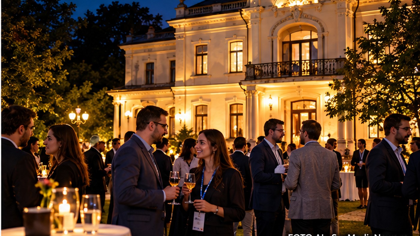 Ilustrație editorială AI cu participanți la un eveniment de networking în fața unui conac luminat seara