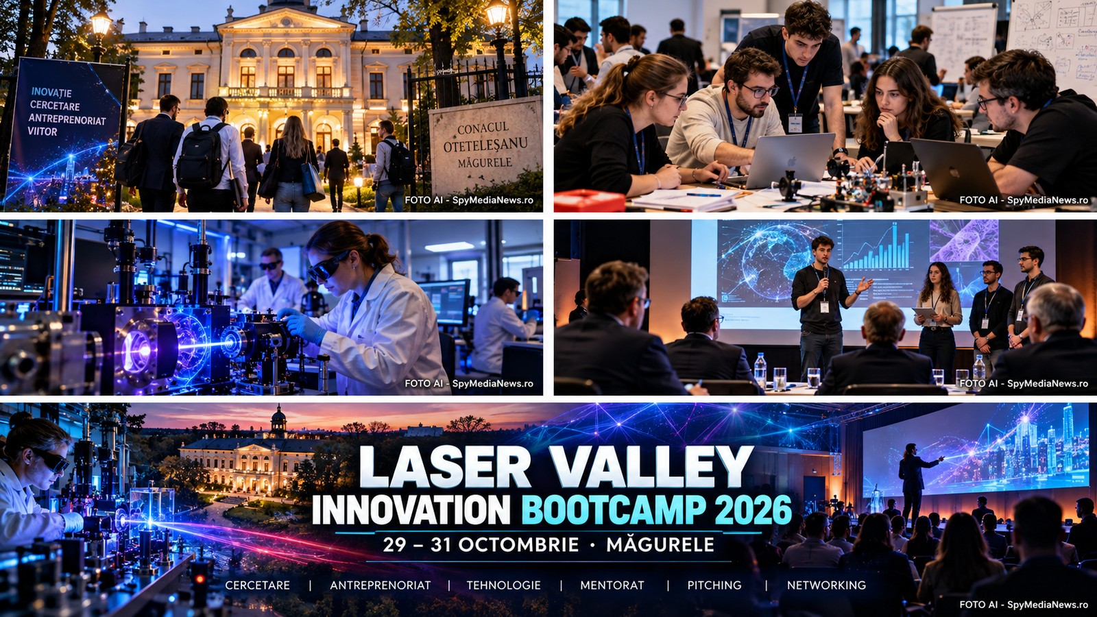 Ilustrație editorială AI despre Laser Valley Innovation Bootcamp 2026, cu cercetare, lucru în echipe, laborator și prezentări de proiecte