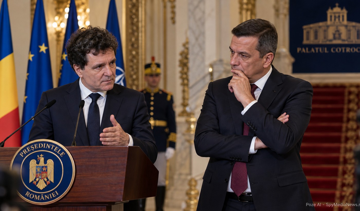 Luca Niculescu și Nicușor Dan într-o sală oficială de la Cotroceni, în discuție serioasă