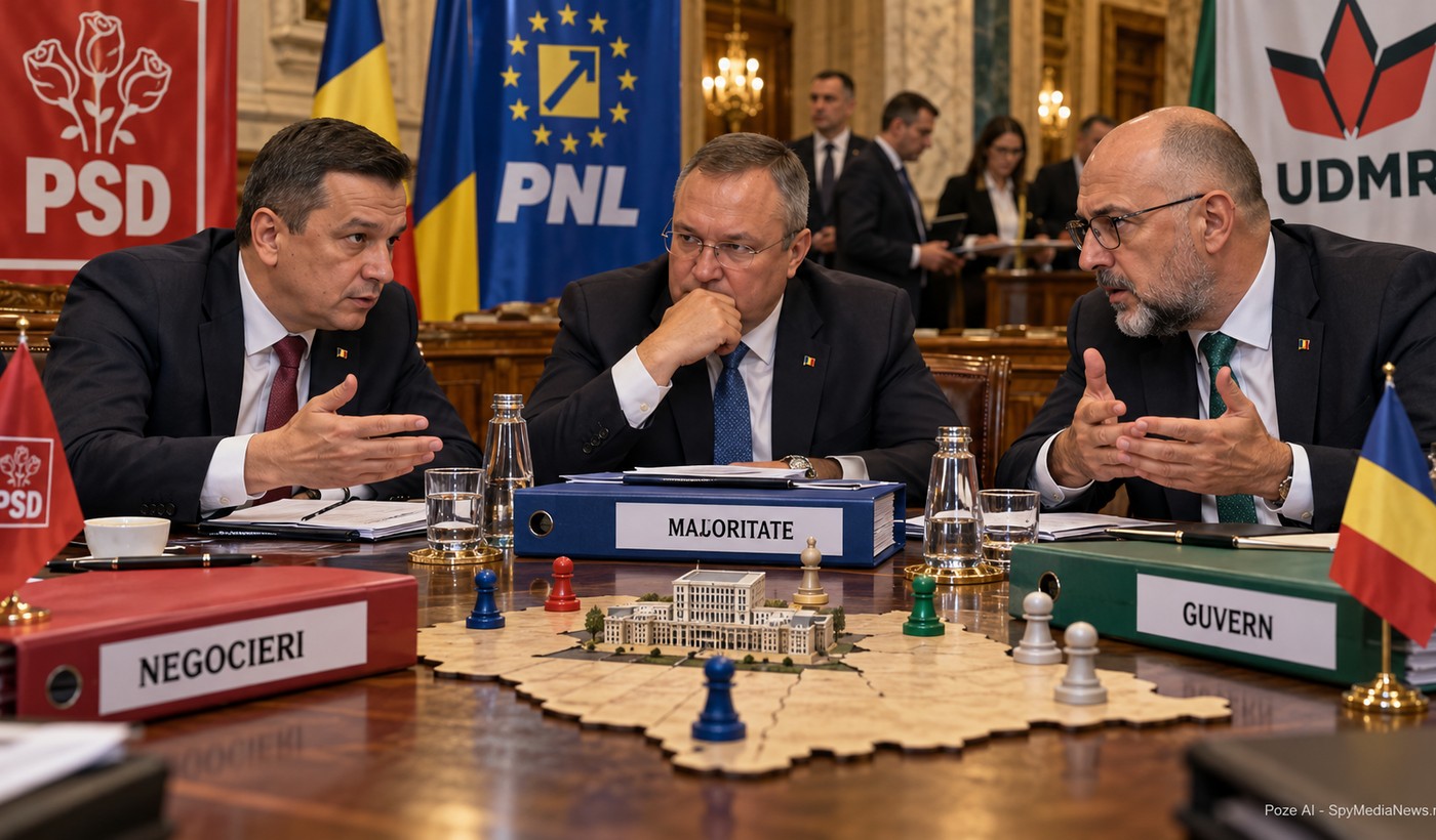 Negocieri politice la o masă de lucru, cu lideri ai principalelor partide și simboluri parlamentare