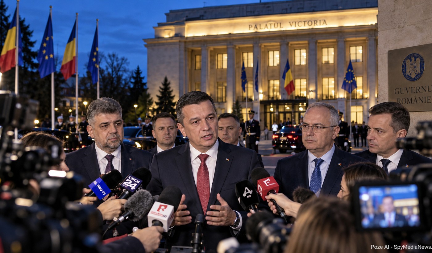 Conferință de presă la Palatul Victoria, cu lideri politici și jurnaliști în jur