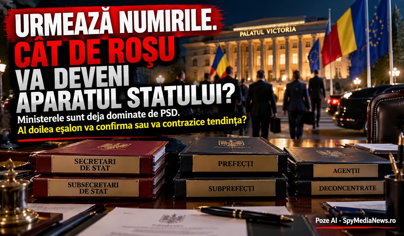 Ilustrație AI cu dosare pentru secretari de stat, prefecți, subprefecți, agenții și deconcentrate în fața Palatului Victoria