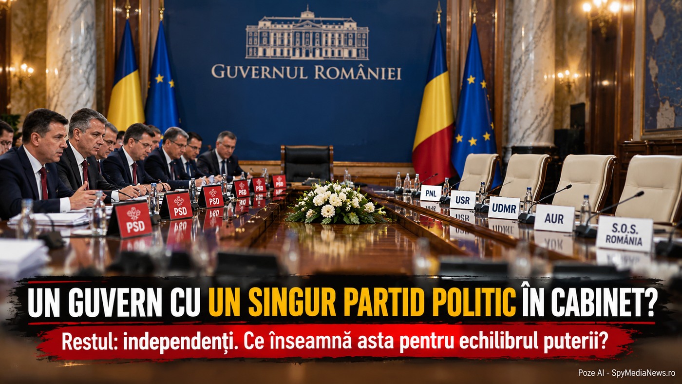 Ilustrație AI cu locuri PSD ocupate și scaune simbolice goale pentru PNL, USR, UDMR, AUR și S.O.S. România într-o sală de guvern