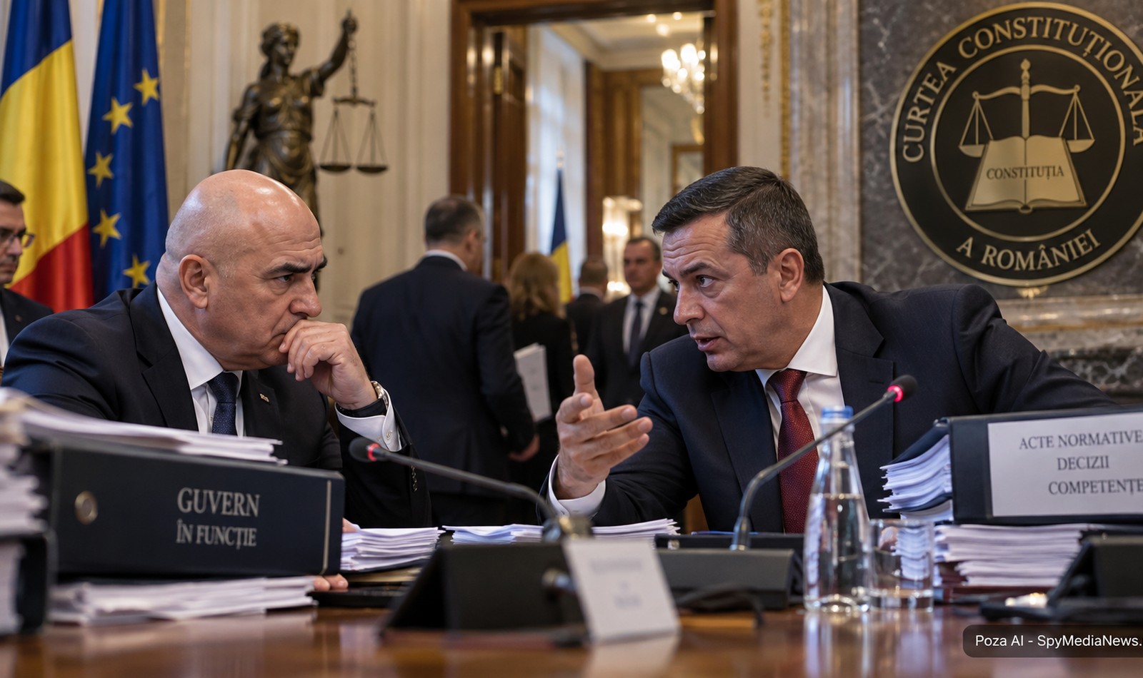 Ilustrație AI cu Ilie Bolojan și Sorin Grindeanu în timpul unei dezbateri tensionate pe tema competențelor Guvernului și a CCR