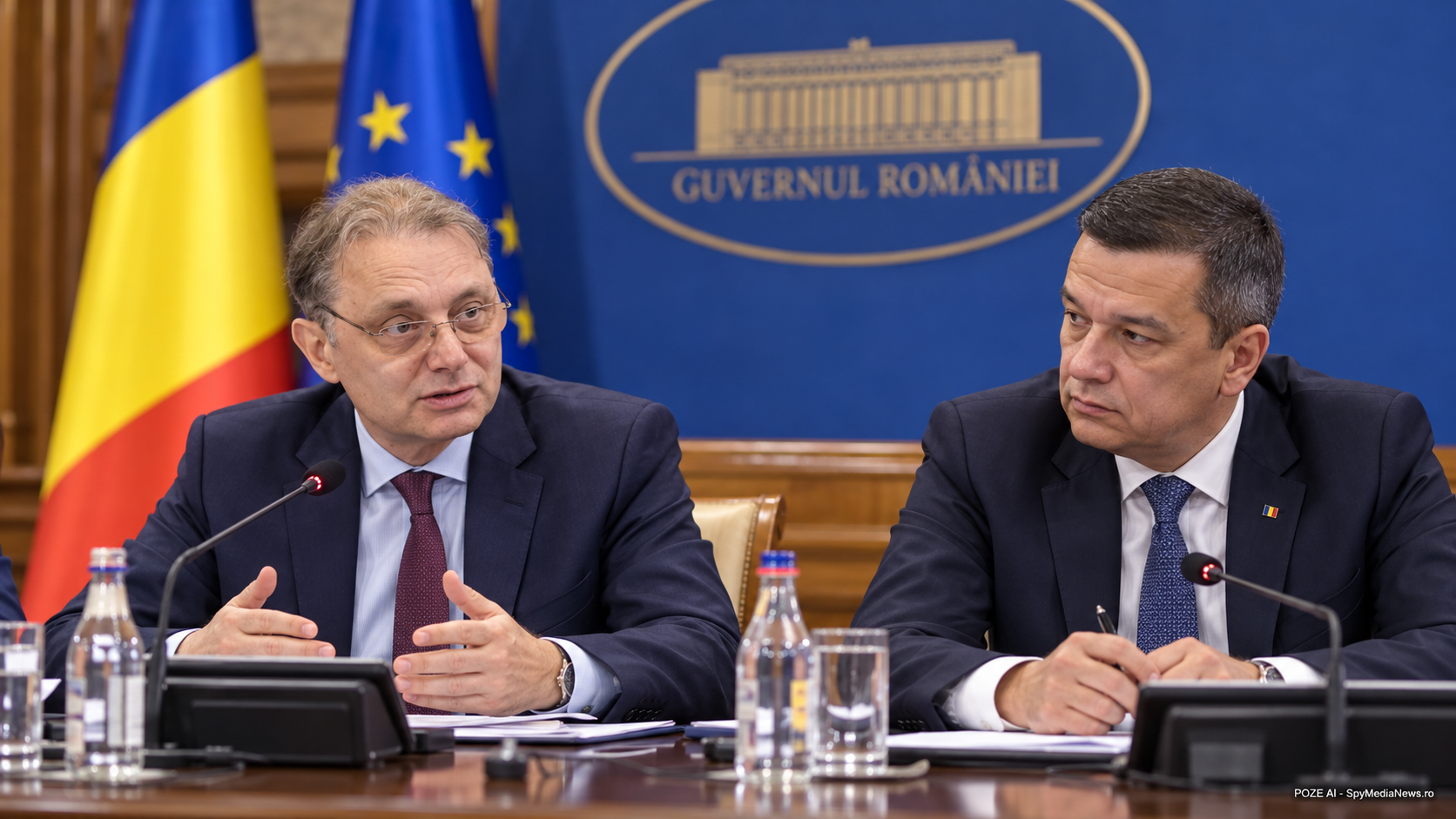 Ilustrație AI cu Sorin Grindeanu și Luca Niculescu în contextul unei ședințe de Guvern