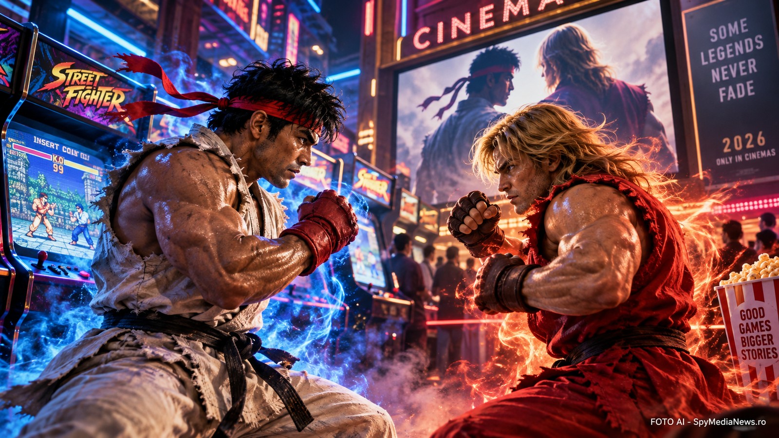 Doi luptători inspirați de cultura fighting games într-un decor cinema arcade neon