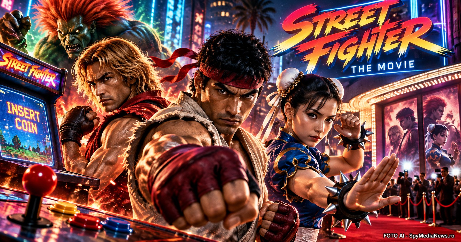 Ilustrație AI cinematică inspirată de cultura Street Fighter și sălile arcade