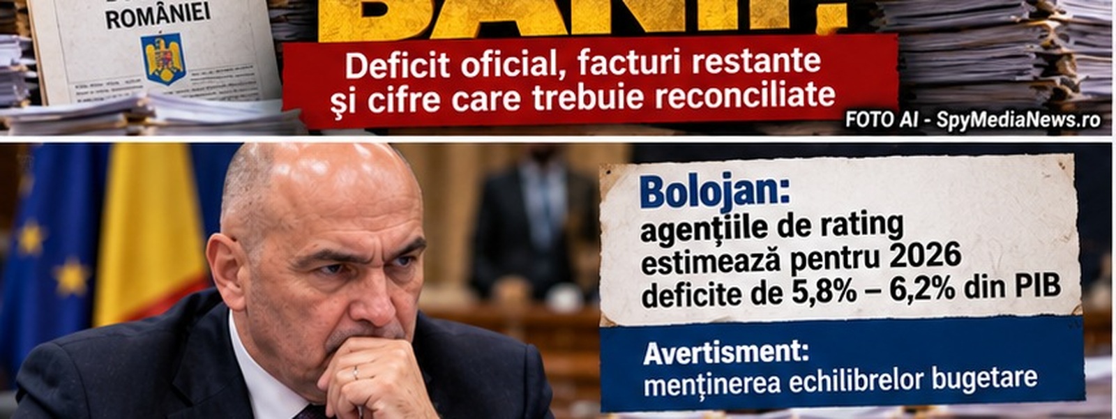 Ilustrație AI cu Ilie Bolojan și estimările agențiilor de rating pentru deficitul României