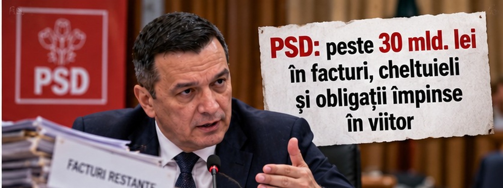 Ilustrație AI cu Sorin Grindeanu și poziția PSD privind facturile și obligațiile bugetare