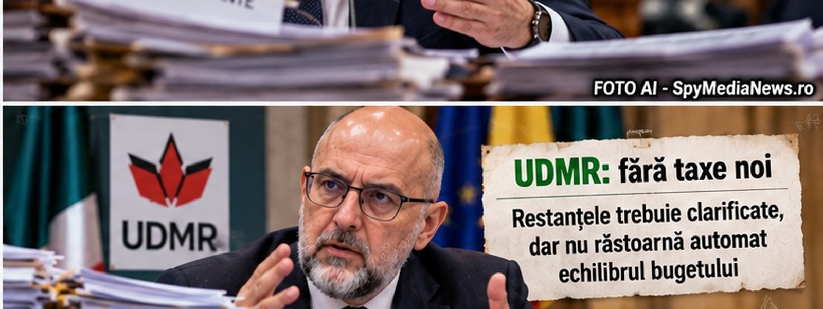 Ilustrație AI cu Kelemen Hunor și poziția UDMR privind taxele și restanțele bugetare