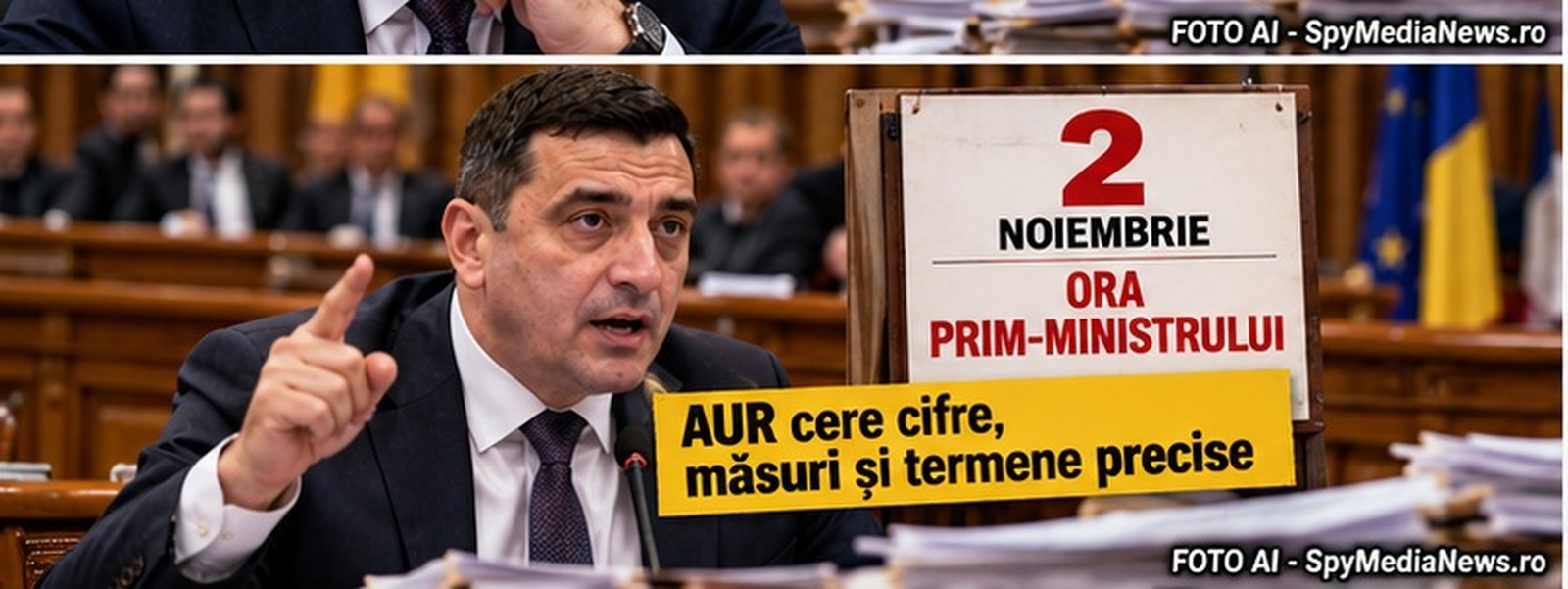 Ilustrație AI cu George Simion și data de 2 noiembrie pentru Ora prim-ministrului