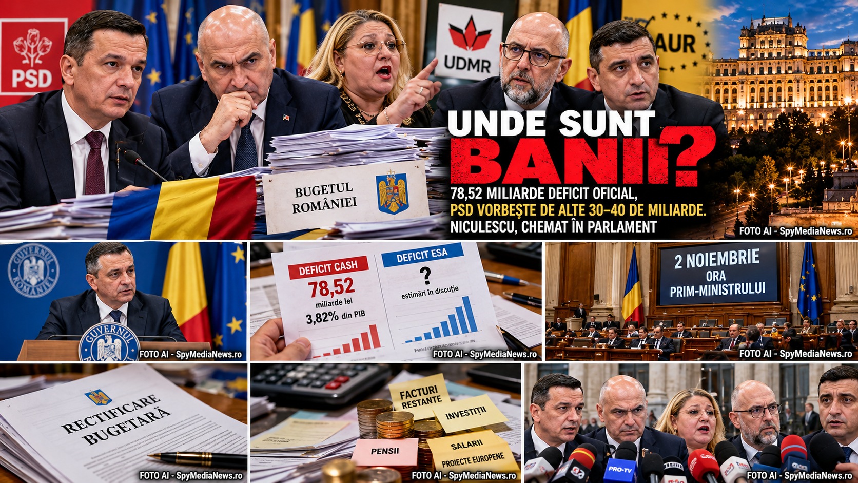 Colaj editorial AI cu Sorin Grindeanu, Ilie Bolojan, Diana Șoșoacă, Kelemen Hunor și George Simion pe tema bugetului