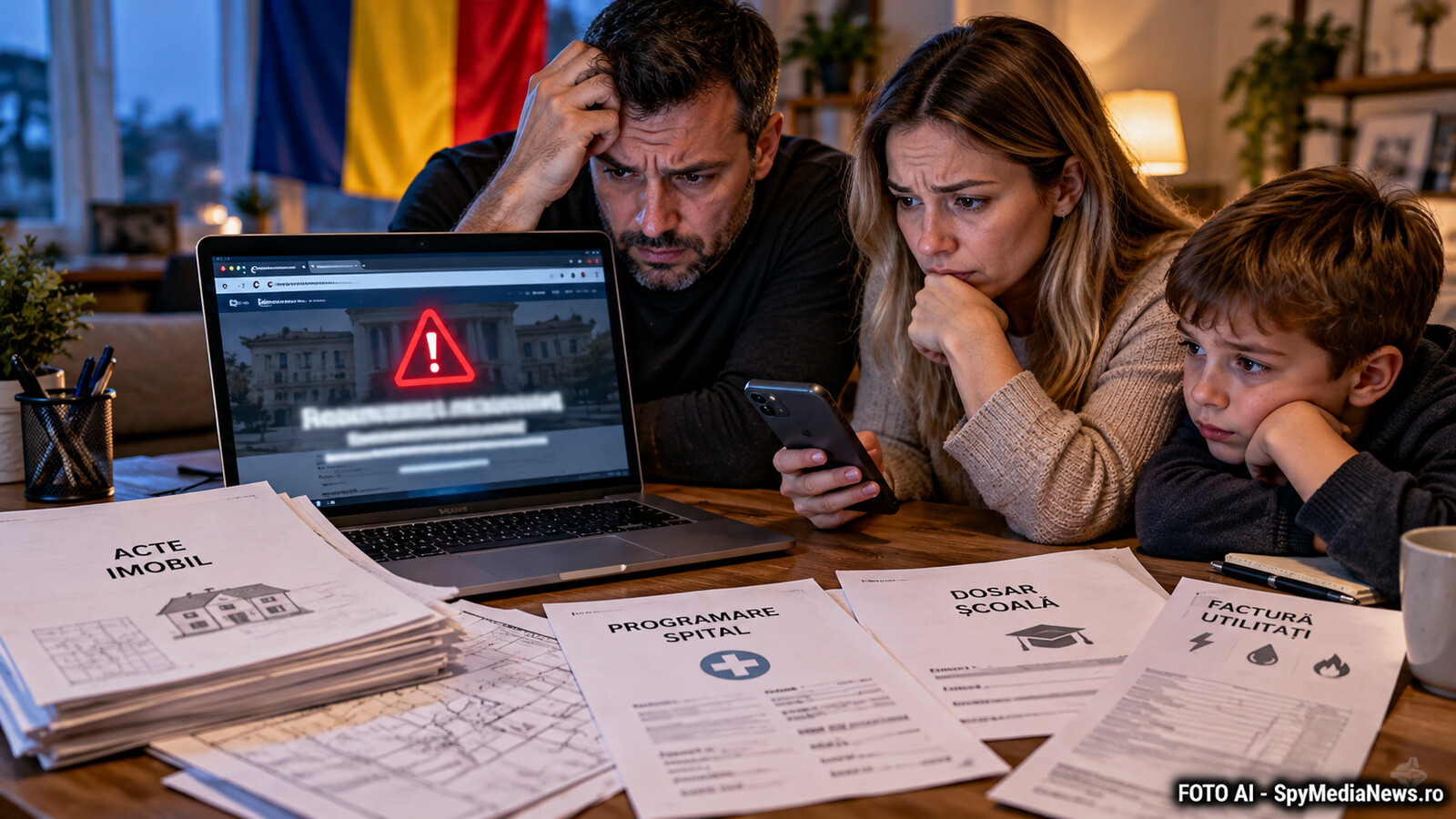 Ilustrație AI cu o familie afectată de indisponibilitatea serviciilor publice digitale