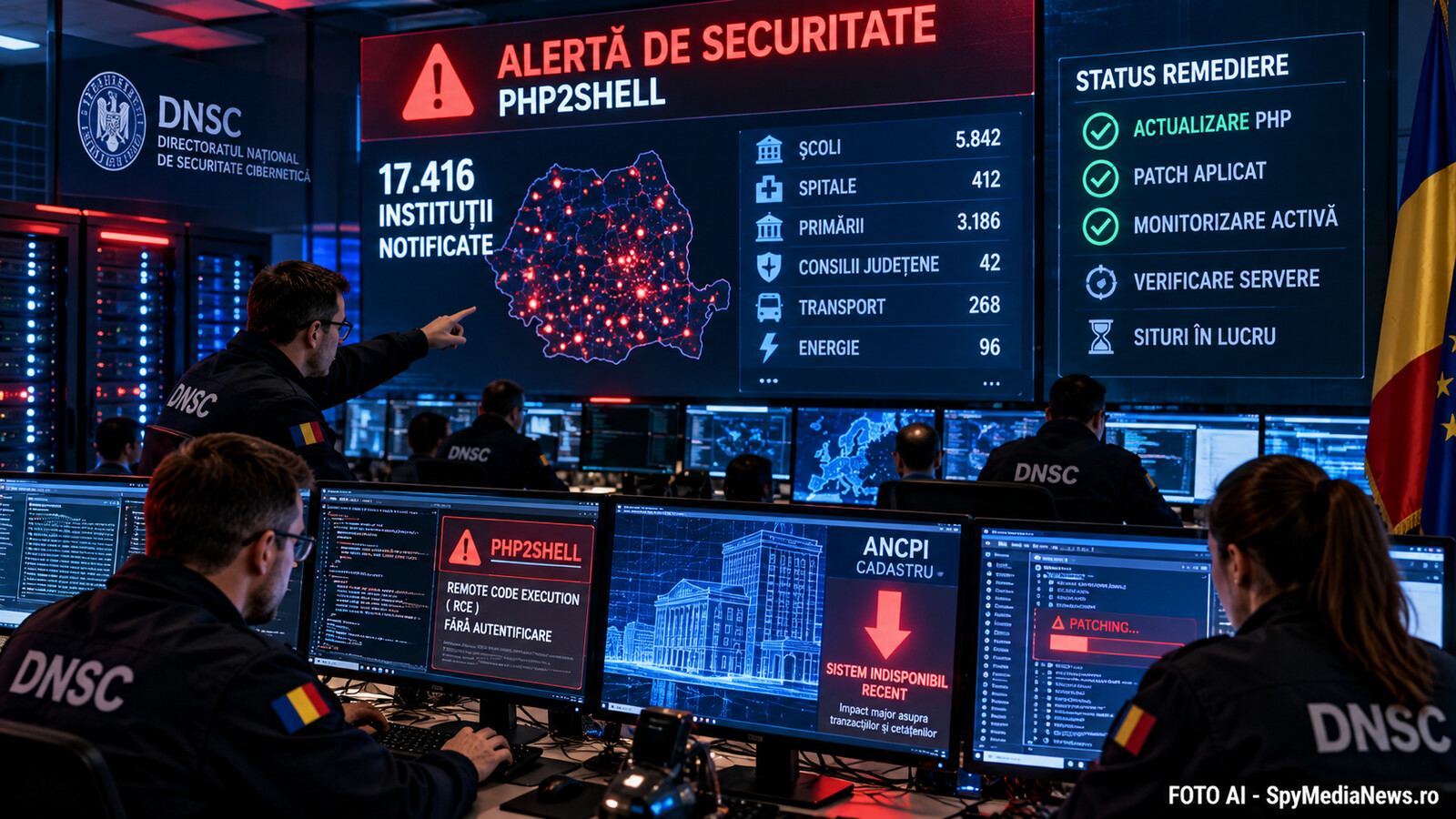 Ilustrație AI cu un centru de securitate cibernetică monitorizând vulnerabilitatea PHP2Shell