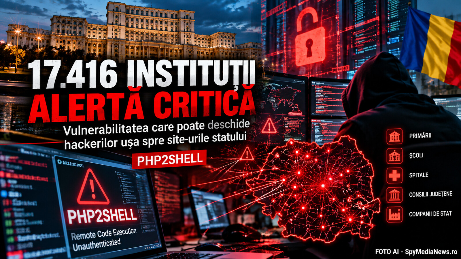 Ilustrație AI editorială despre alerta PHP2Shell și instituțiile publice din România