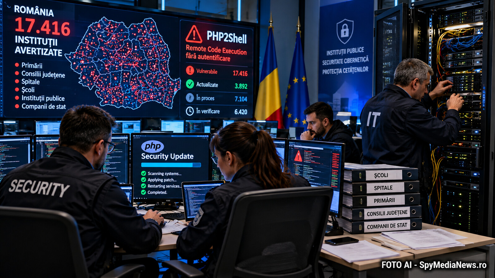 Ilustrație AI cu echipe IT care actualizează sisteme publice vulnerabile