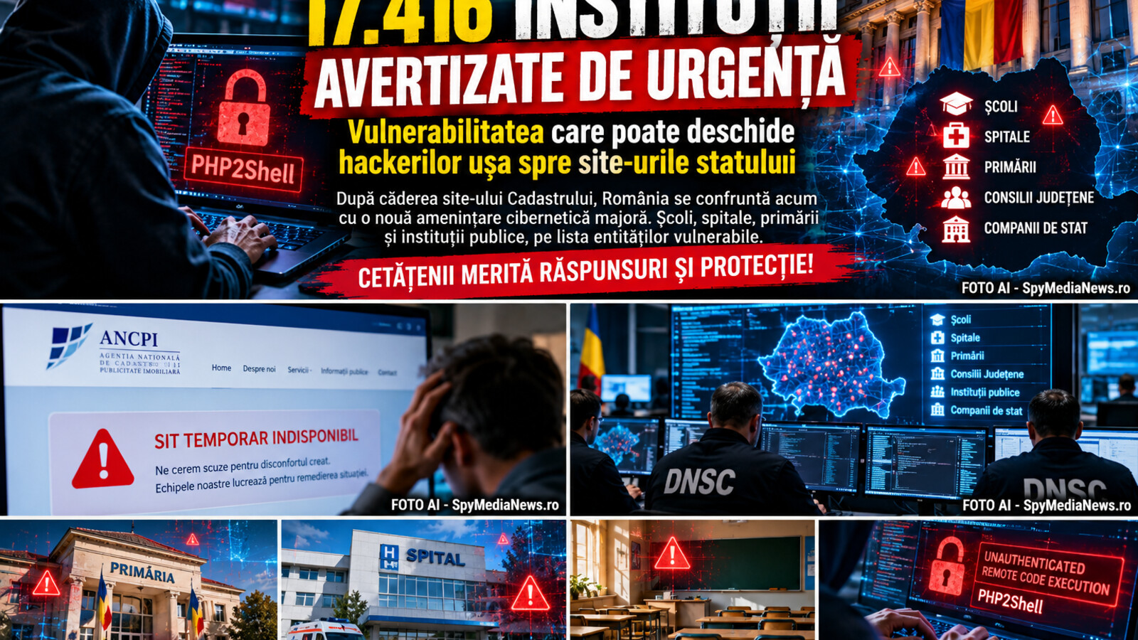 Montaj AI editorial despre alerta PHP2Shell și securitatea instituțiilor publice